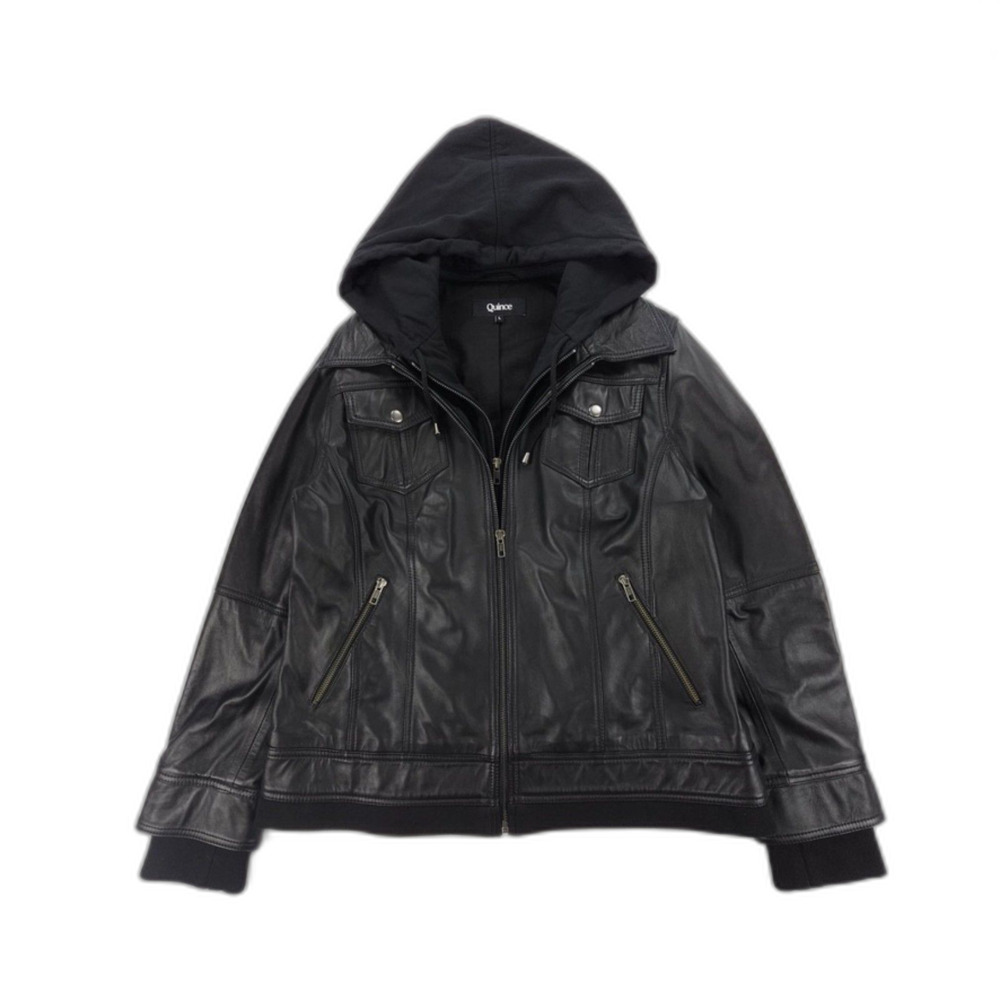 QUINCE 100% Leather Jacket Hoodie Black Moto Grunge Biker Minimal Urban Downtown